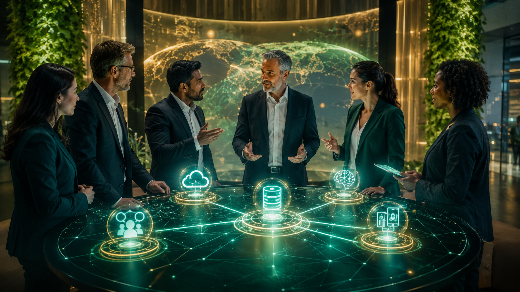 Executives discussing cloud, data, AI and customer engagement in a digital ecosystem room